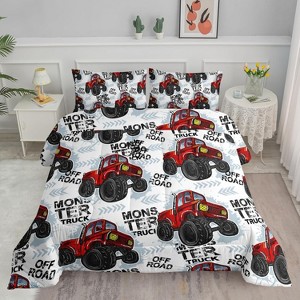 Truck Comforter Set Full Size – 3Pcs Red Pickup Bedding with 1 Comforter & 2 Pillowcases, Cartoon Car Quilt Set for Boys, Teens, Men & Women - 1 of 4