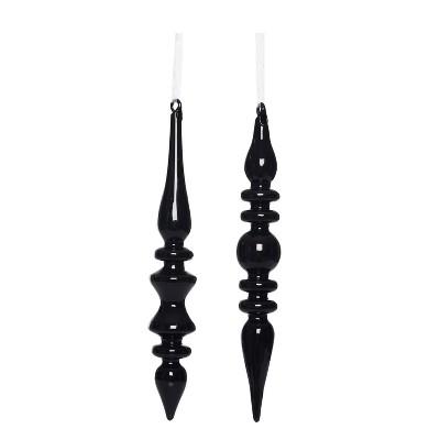 Transpac Set of 2 Long Black Glass Ornaments for Christmas Tree Elegant Indoor Decoration Gift Giving Holiday Decor