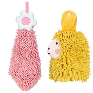 REGALWOVEN Soft Absorbent Flower Pattern and Sheep Pattern Chenille Hand Towel with Loop 6" x 15"/7" x 11" 2 Pcs - 1 of 4