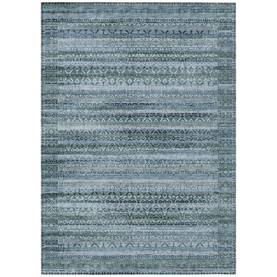 Artichoke Green And Blue Striped Washable Indoor Outdoor Area Rug