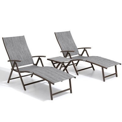 Crestlive Products 3 pc Outdoor Aluminum Adjustable Folding Chaise Lounge Chairs and Foldable Side Table Set