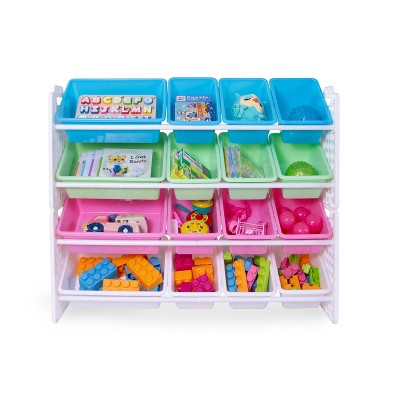 UNiPLAY Toy Organizer With 16 Removable Storage Bins and Block Play Panel, Multi-Size Bin Organizer (Pink)