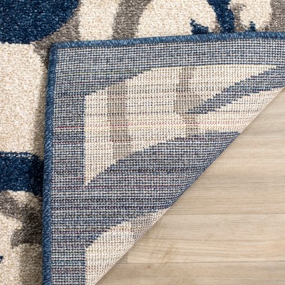 Ivory and Navy Floral Square Synthetic Area Rug