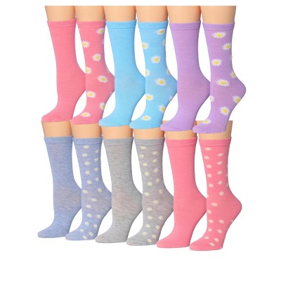 Tipi Toe Women's 12 Pairs Graceful Florals Soothing Tones Colorful Patterned Lightweight Crew Socks