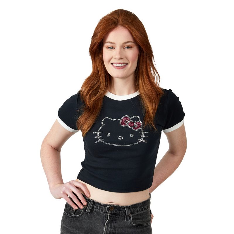 Hello Kitty Character Face Outline Crew Neck Short Sleeve Black Women's Crop Top Baby Tee, 3 of 5