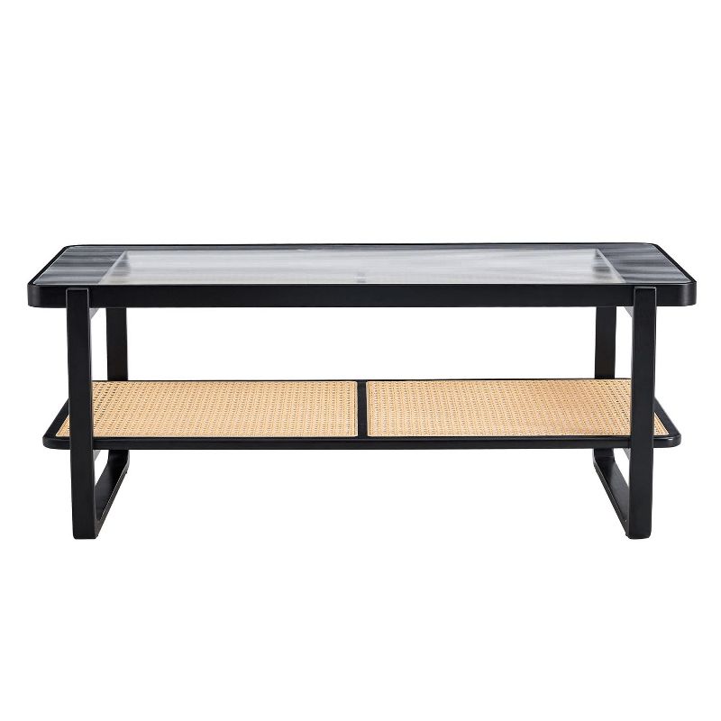 Modern Minimalist Rectangular Coffee Table with Craft Glass Tabletop and Rattan Layer - The Pop Home, 2 of 10