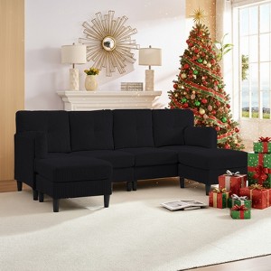 Mjkone Corduroy U-Shape Modular Convertible Sectional Sofa Couch,Upholstered 4-Seater Sofa with Movable Ottoman - 1 of 4