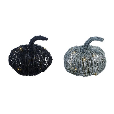 Transpac Wood 9 in. Multicolor Halloween Light Up Pumpkin Decor Set of 2