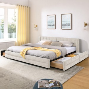 King Upholstered Bed Frame with Storage Drawers & Chenille Headboard, Modern Platform with Solid Wood Slats-3irtyhousy - 1 of 4
