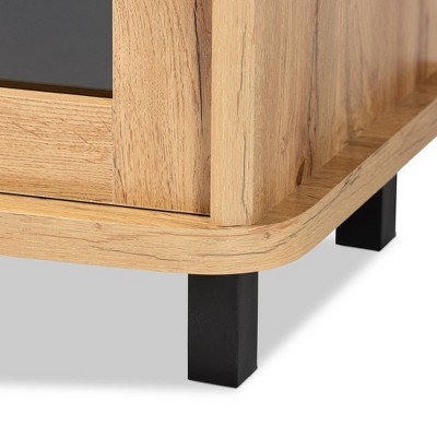 Oak Brown Wood TV Stand with Glass Doors and Drawers