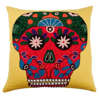 Saro Lifestyle Sugar Skull  Decorative Pillow Cover, Yellow, 18"