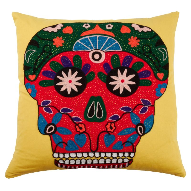 Saro Lifestyle Sugar Skull  Decorative Pillow Cover, Yellow, 18", 1 of 3