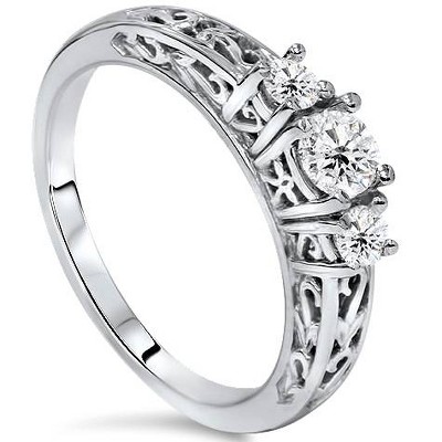 Pompeii3 3/8ct Vintage Three Stone Diamond Ring 14K White Gold