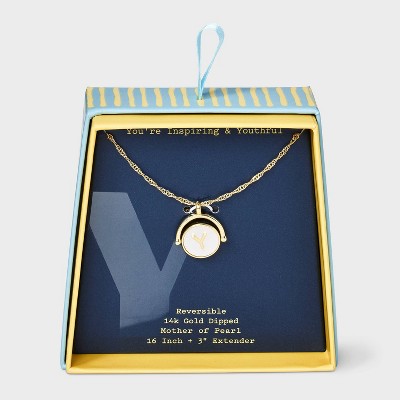 14K Gold Dipped Crystal and Mother of Pearl Circle Spinner Initial Necklace - A New Day™