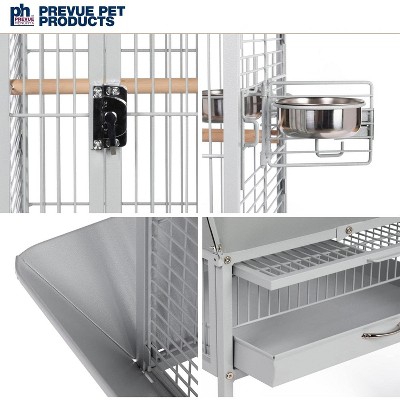 Pewter Wrought Iron Bird Cage with Play Stand and Casters