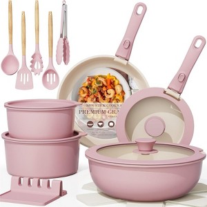 BRINJOY 21 Pcs Pots and Pans Non Stick Ceramic Cookware Set, Detachable Handles, RV Kitchen Cooking Set, Oven Safe, Induction Ready, Stackable, Pink - 1 of 4