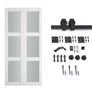 SMARTSTANDARD Bifold Barn Door 84 in. Height 3-Lite Frosted Glass Top Mounted MDF Bi-fold Sliding Closet Doors with Hardware Kit Included, Predrilled - 1 of 1