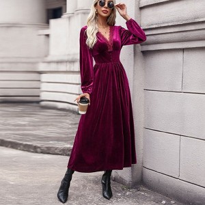 Coolmee Women Retro Sexy Lace Velvet V-Neck Long Sleeve Wrap Waist Midi Dress - 1 of 4