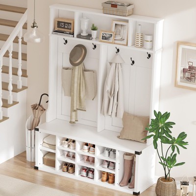 Large Hall Tree with Bench and Shoe Storage, 51" Wide Entryway Storage Bench with Coat Rack