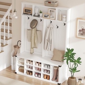Large Hall Tree with Bench and Shoe Storage, 51" Wide Entryway Storage Bench with Coat Rack - 1 of 4