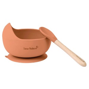 SARO "Nordic Wave" Silicone Baby Feeding Set: Suction Bowl & Wooden Spoon for Baby-Led Weaning & Self-Feeding - 1 of 4