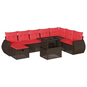 vidaXL Patio Sofa Set with Cushions Sectional Couches 9 Piece Poly Rattan - Brown without storage - 1 of 4