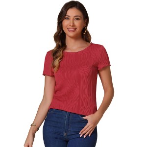 INSPIRE CHIC Women's Round Neck Short Sleeve Ruffle Cuff Textured Ribbed Knit Shirt - 1 of 4