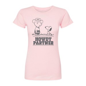 Women's - Peanuts - Charlie Snoopy Howdy Partner -Juniors Fitted Short Sleeve Graohic T-Shirt Fitted Graphic T-Shirt - 1 of 2