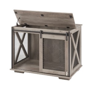 Racxily Farmhouse Dog Cage Crate Furniture with Sliding Barn Door, Wooden Dogs Kennel End Table w/ Flip-top Plate Dog House, Detachable Divide - 1 of 4