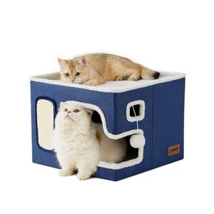 ZOMISIA Cat Beds for Indoor Cats - Large Cat House for Pet with Fluffy Ball Hanging and Scratch Pad, Foldable Cat Hideaway - 1 of 4