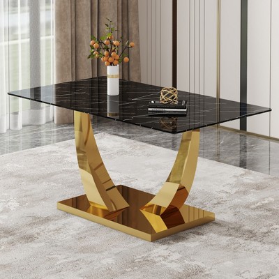 KTMBDW 63" Large Glass Dining Table for 4 6 8, Modern Rectangular Glass Top Kitchen Table with GoldenMetal Base for Dinner Kitchen Dining Room, Gold