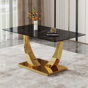 KTMBDW 63" Large Glass Dining Table for 4 6 8, Modern Rectangular Glass Top Kitchen Table with GoldenMetal Base for Dinner Kitchen Dining Room, Gold - 1 of 4