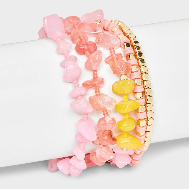 Stretch Bracelet with Semi Precious Dyed Cherry Quartz Set 5pc - Universal Thread&#8482; Pink/Gold, 3 of 6