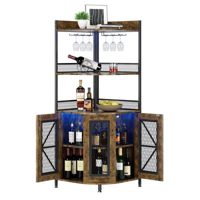 5-Tiers Corner Bar Cabinet,64''Industrial Tall Wine Cabinet with LED Lights&Glass Holder, Liquor Cabinet with Storage, for Living Room，Kitchen
