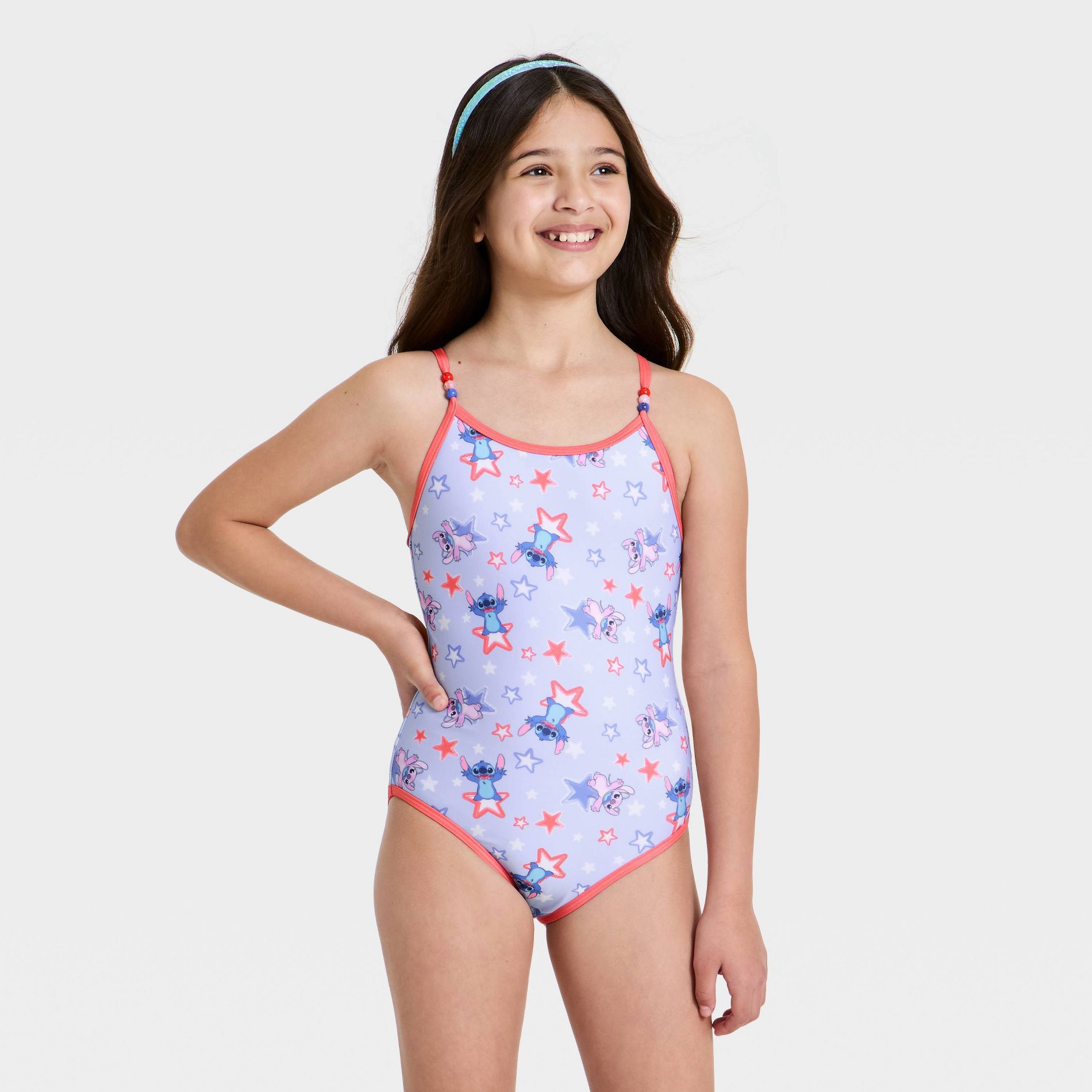Girls' Lilo & Stitch Americana Stars One Piece Swimsuit - Blue/Red M