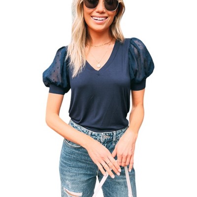 Amaryllis Women's Short-Sleeve V-Neck Top Puff Sleeves Lace Detail Elegant Blouse