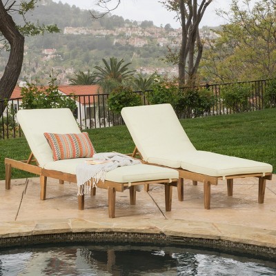 Set of 2 Teak Brown Acacia Wood Chaise Lounges with Cushions