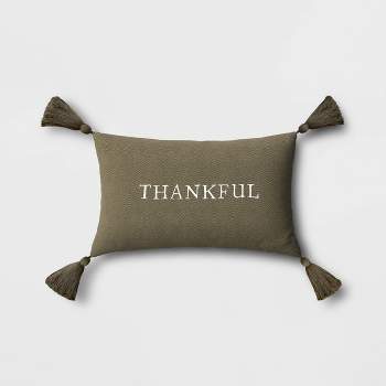 Thankful Embroidered Herringbone Lumbar Throw Pillow Dark Green - Threshold™