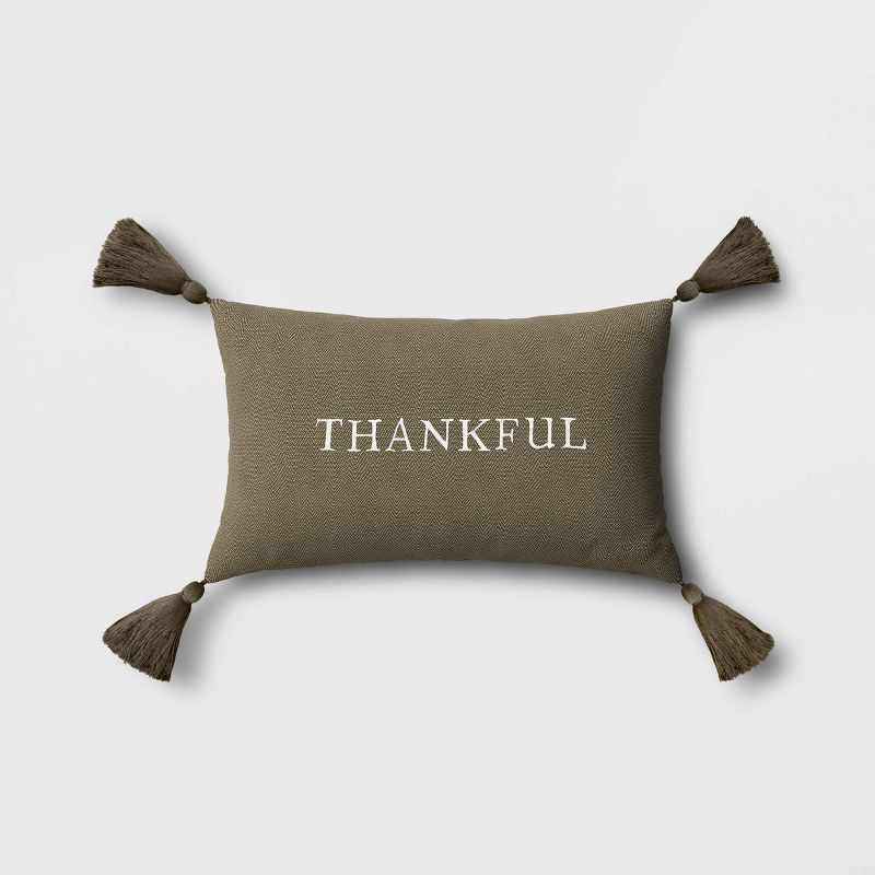 Thankful Embroidered Herringbone Lumbar Throw Pillow Dark Green - Threshold&#8482;, 1 of 6
