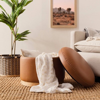 Naka 21.75'' Vegan Tan Leather Storage Ottoman with Light Wood Base