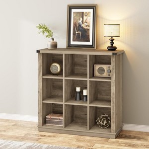 Farmhouse Wood Book Shelf, 9-Cube Storage Organizer Bookshelf, 3-Tier Minimalist Floor Standing Display Cabinet for Home Office - 1 of 4