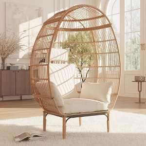 Oversized Egg Chair with Thick Cushion, Wicker Patio Egg Chair, Indoor Outdoor Steel Frame Lounger for Balcony, Backyard, Living Room - 1 of 4