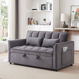 MAYEERTY 55.1 inch 3 in 1 Convertible Sofa Bed, Modern Velvet Double Sofa Futon Sofa Bed with Adjustable Back Gray for Bedroom - 1 of 4