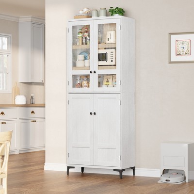 Tall Kitchen Pantry Cabinet with Glass Doors, Food Storage Cabinet with 4 Doors 5 Tier Adjustable Shelves for Kitchen,  Bathroom