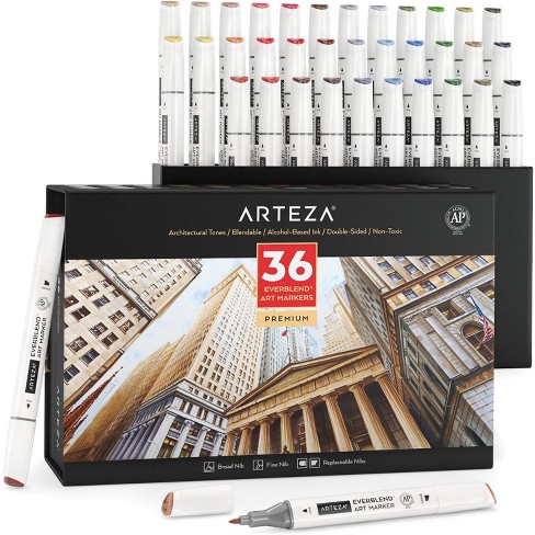 Arteza Professional Everblend Dual Tip Ultra Artist Brush Sketch Markers,  Classic Colors, Replaceable Tips - 12 Pack