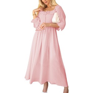 Anna-Kaci Women's Smocked Long Sleeve Swiss Dot Lined Maxi Tie Neck Square Detail Dress - 1 of 4