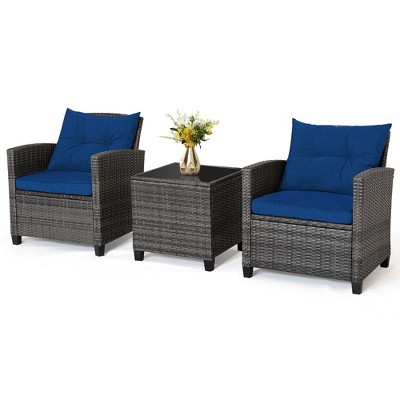 Tangkula 3PCS Patio Rattan Sofa Set Outdoor Wicker Conversation Set Glass Tabletop w/ Navy Cushion