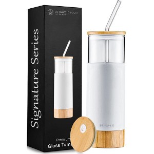 Le'raze 20oz Glass Water Bottle Tumbler Cup with Glass Straw, Bamboo Lid & Base + Protective Silicone Sleeve - BPA Free - White - 1 of 4