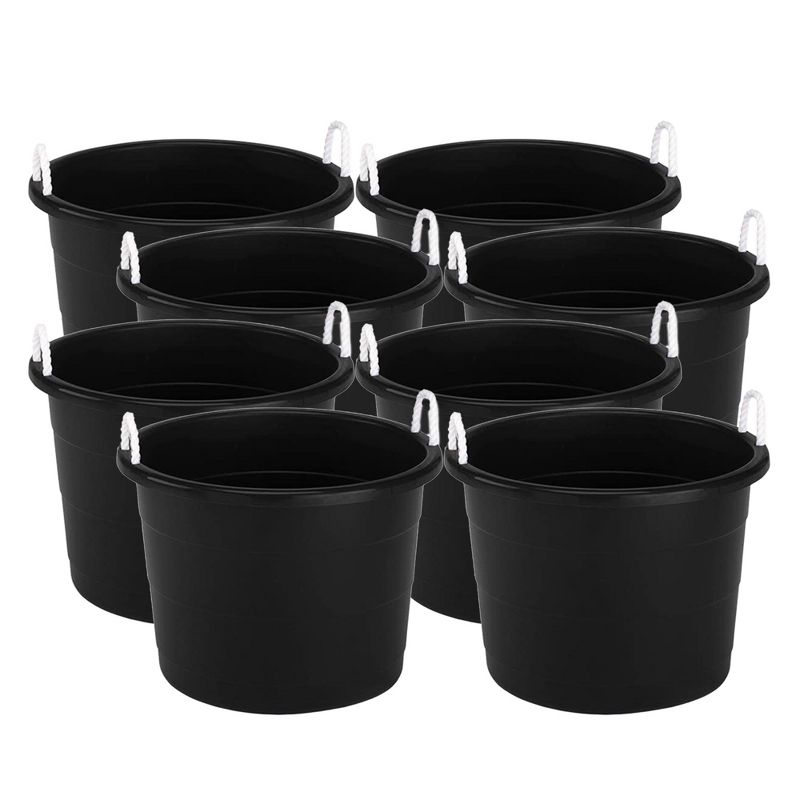 Homz 18 Gallon Durable Plastic Utility Storage Bucket Tub Organizers with Strong Rope Handles for Indoor and Outdoor Use, Black, 8 Pack, 1 of 7