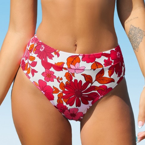 Women's Floral High Waist Bikini Bottom - Cupshe-xs-pink : Target